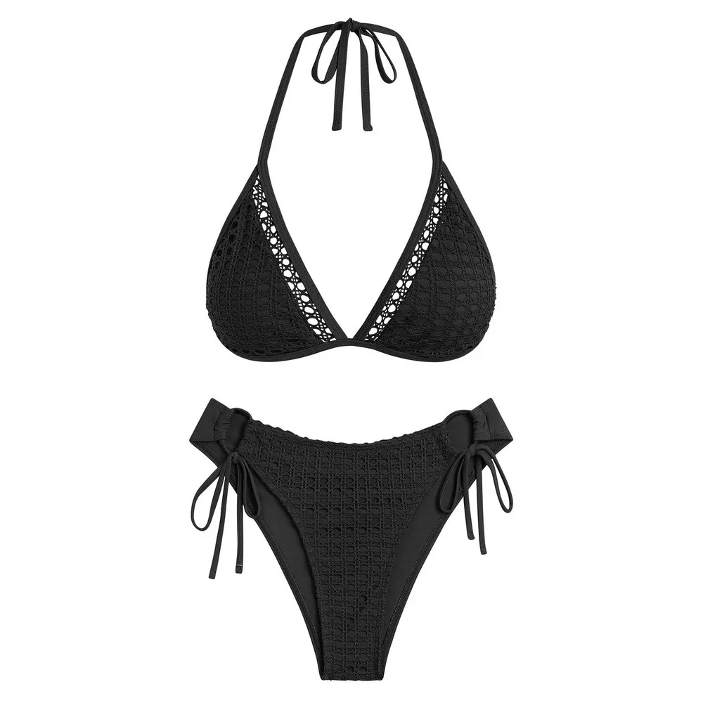 AFUL Women's Black Halter Triangle Bikini Set Crochet Boho Floral Swimsuit S